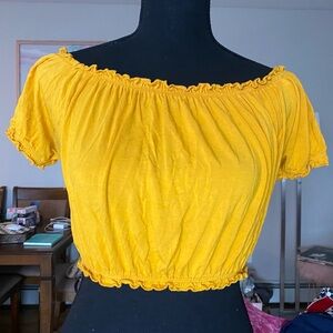 Coquette Vibrant Golden Yellow Ruffled Ruched Comfy Stretch Pullover Crop Top XS